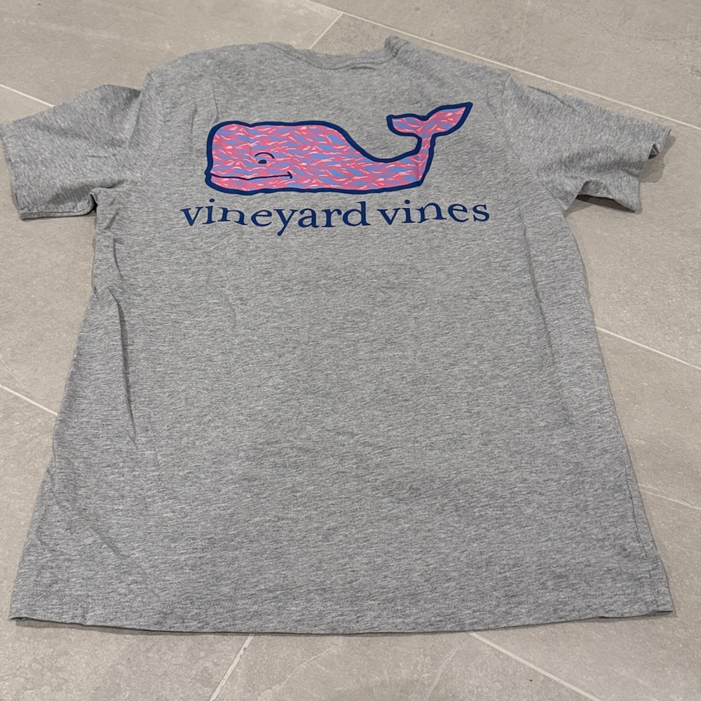 Vineyard Vines Heather Gray Tee with Pink and Blue Whale